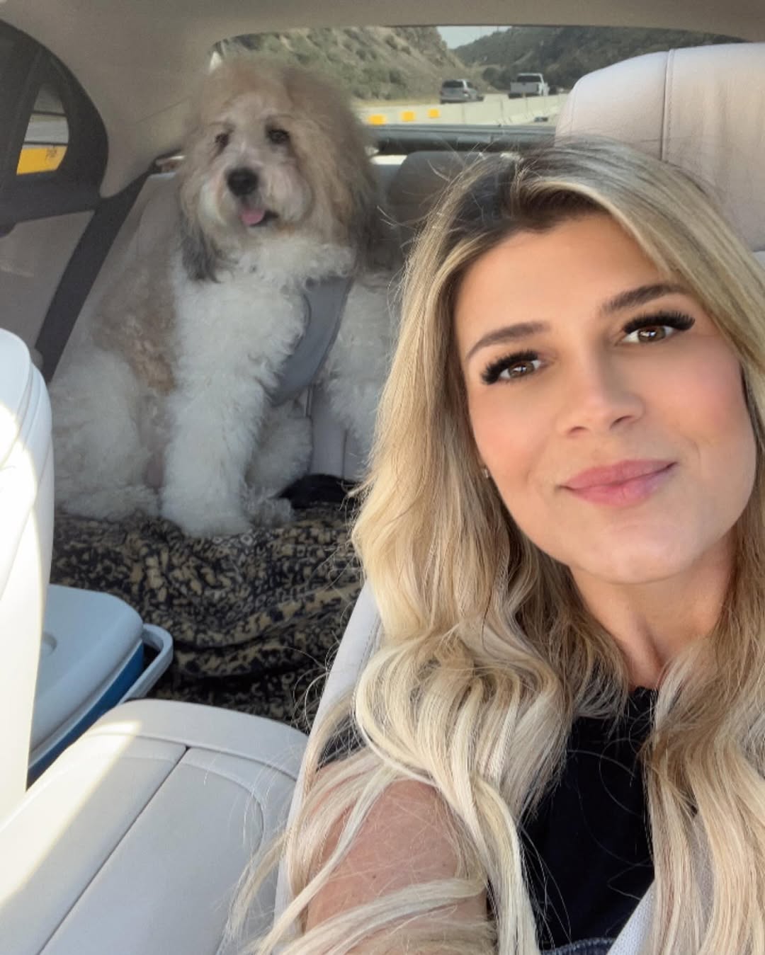 Woman and white dog in car