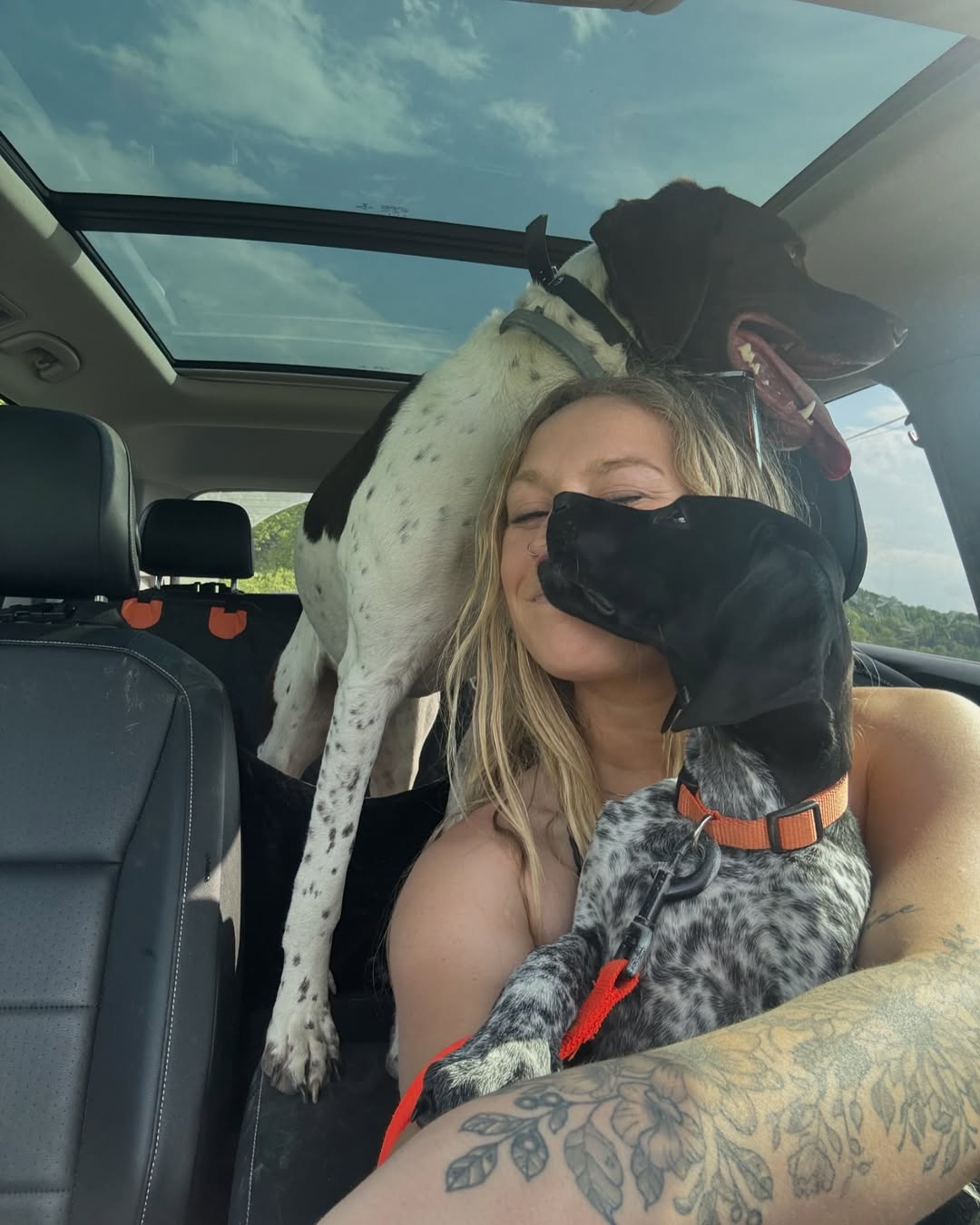 woman and dogs in car