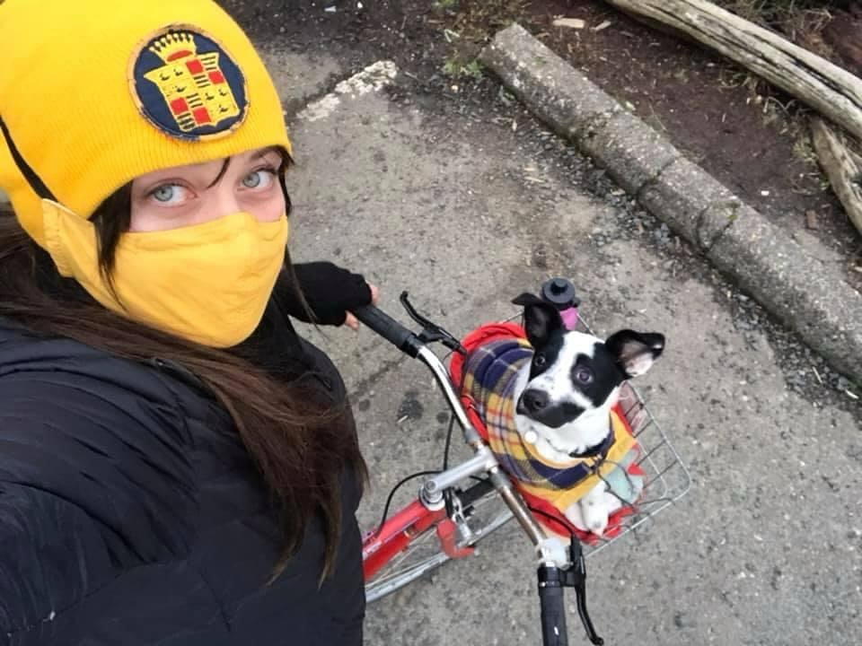 woman walking a blind dog