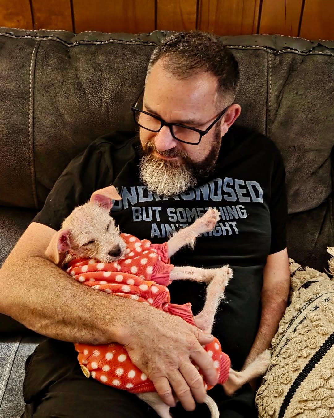 man and tiny dog