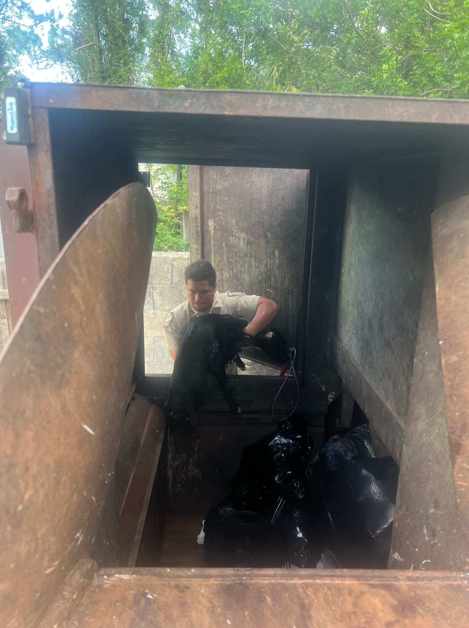 man saving a dog from dumpster