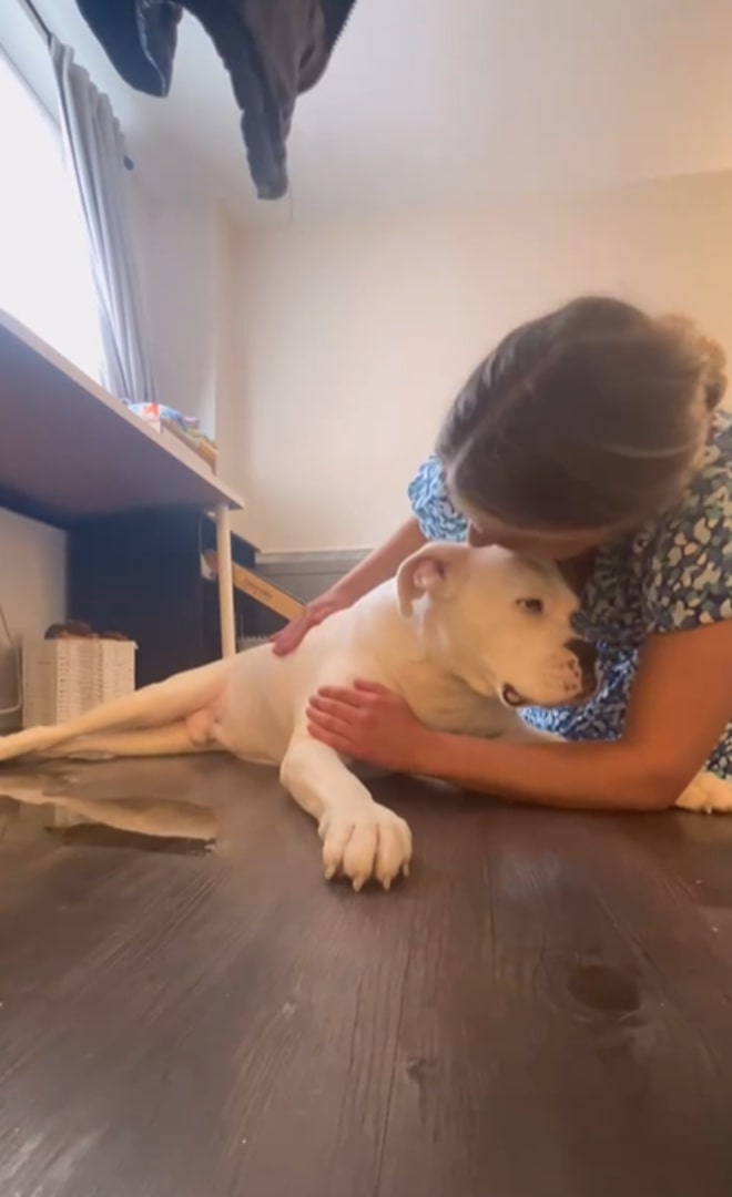 woman cuddling with dog