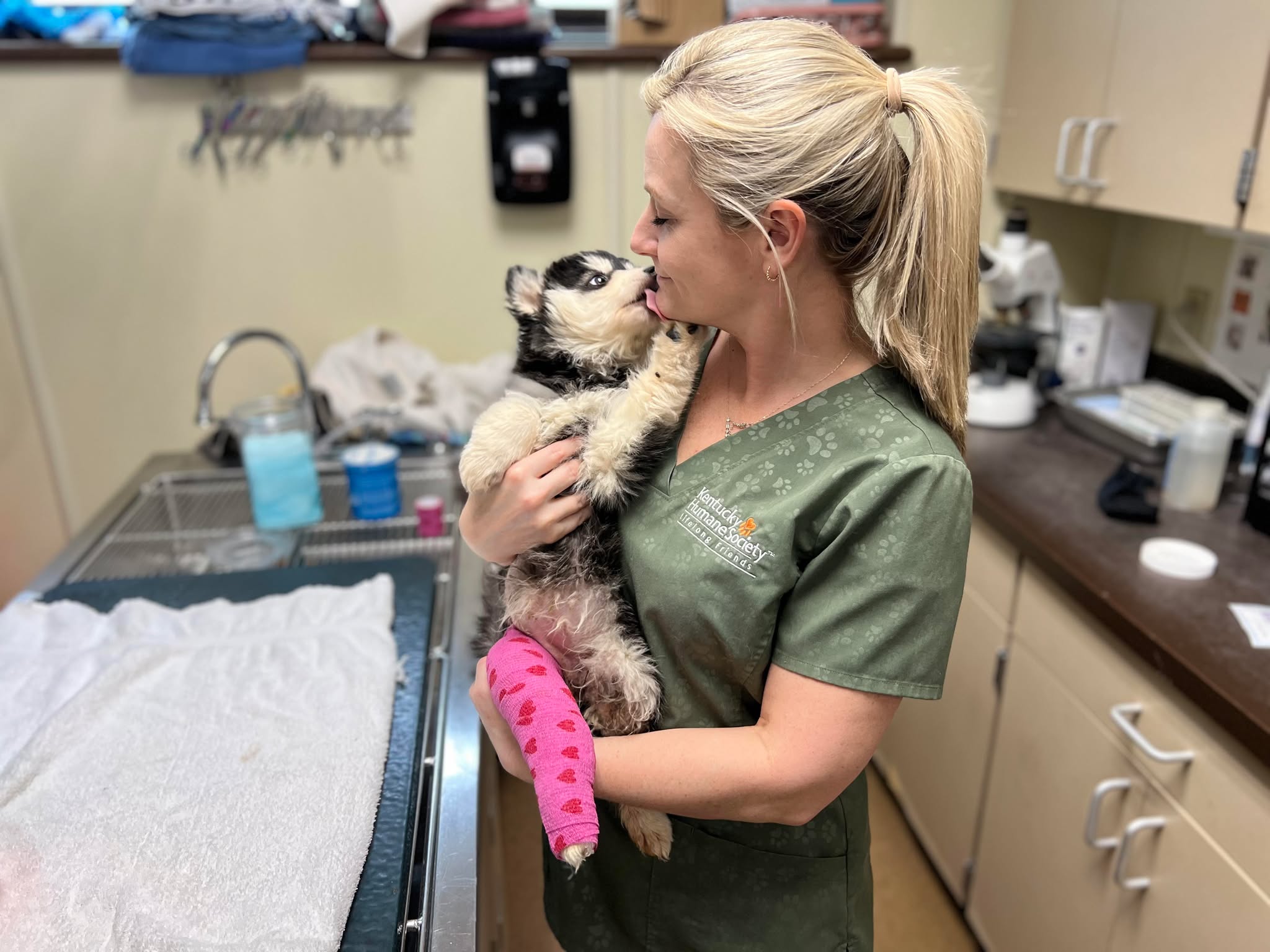 blonde woman and tiny puppy