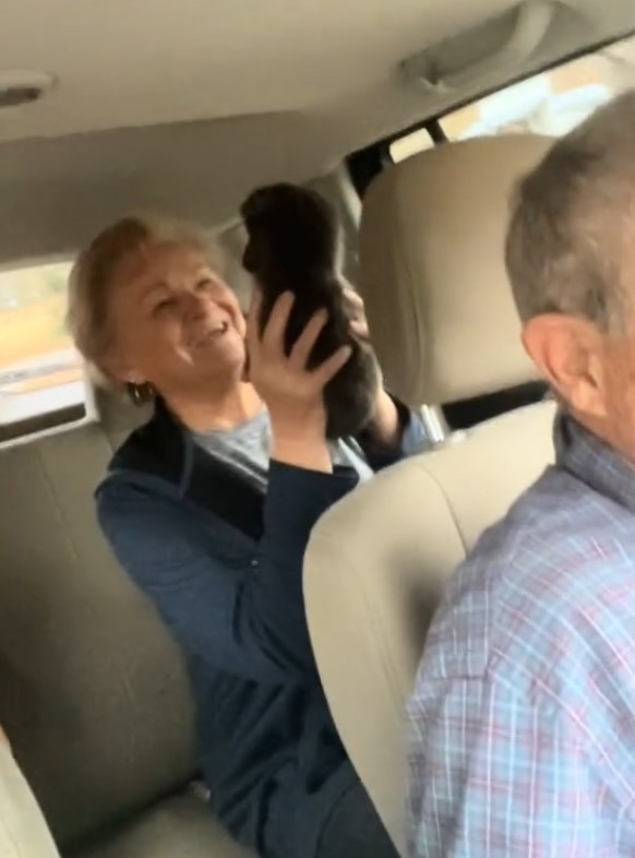 grandma holding up a small puppy