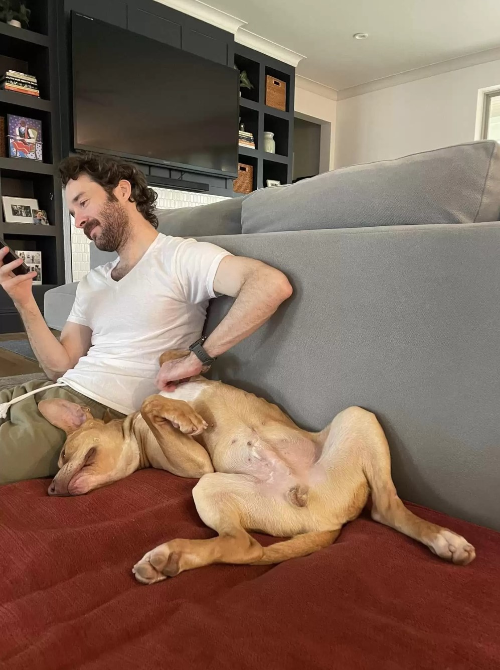 man and dog on couch