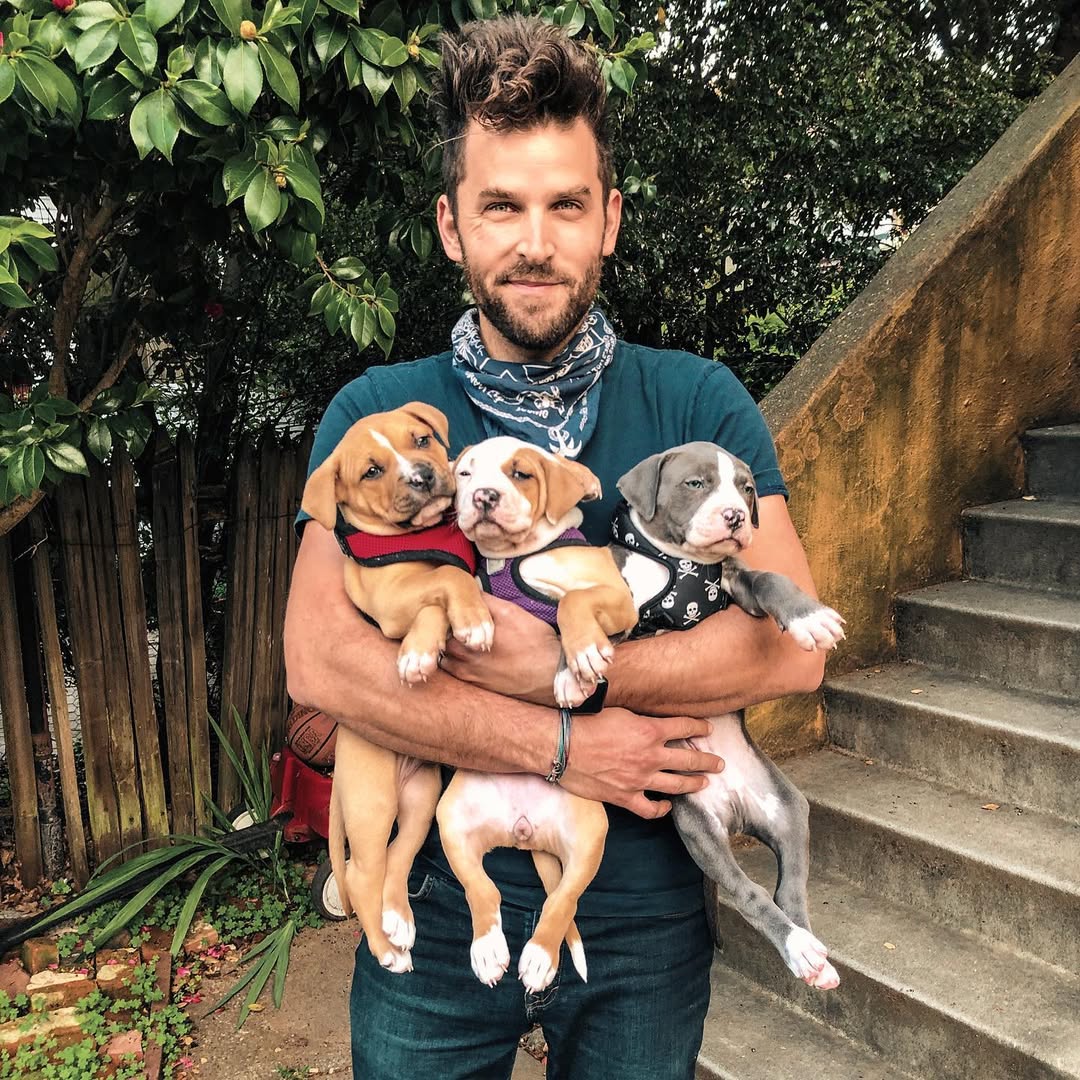 man and three puppies