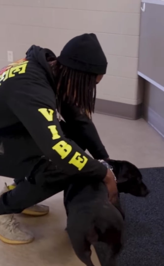 man playing with black dog