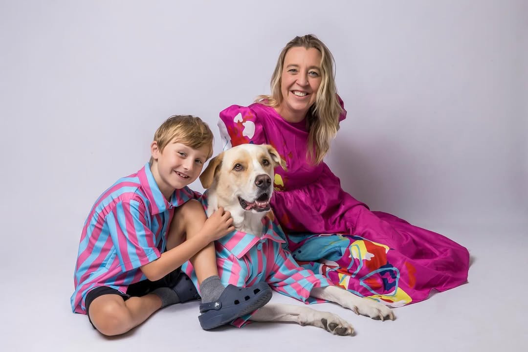 mother, son and dog