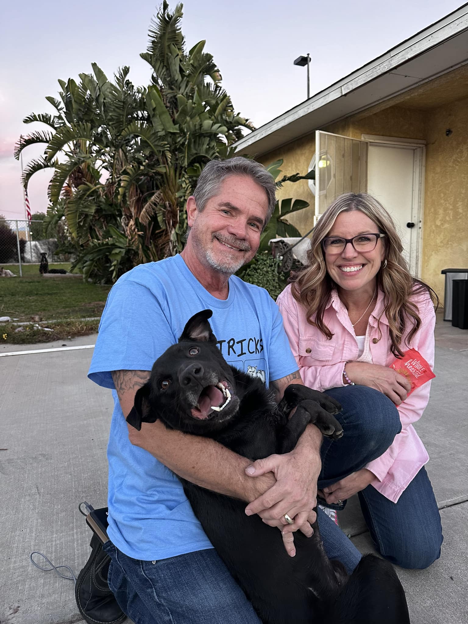 old couple and black dog