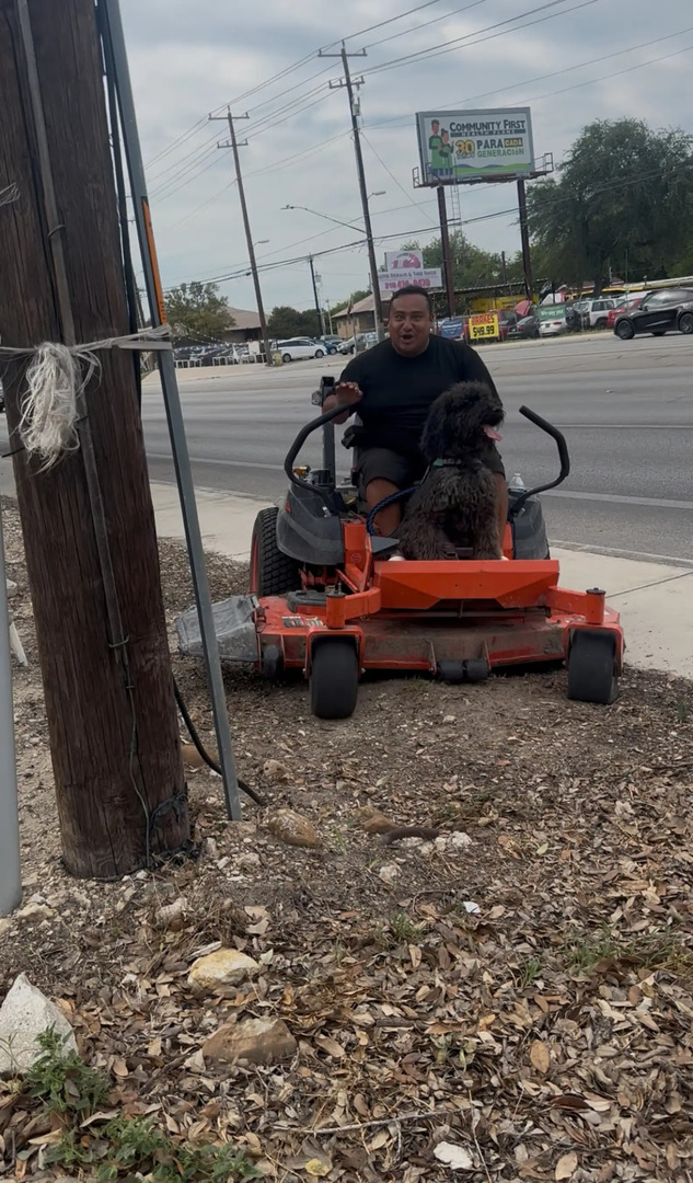 owner and dog on lawnmower