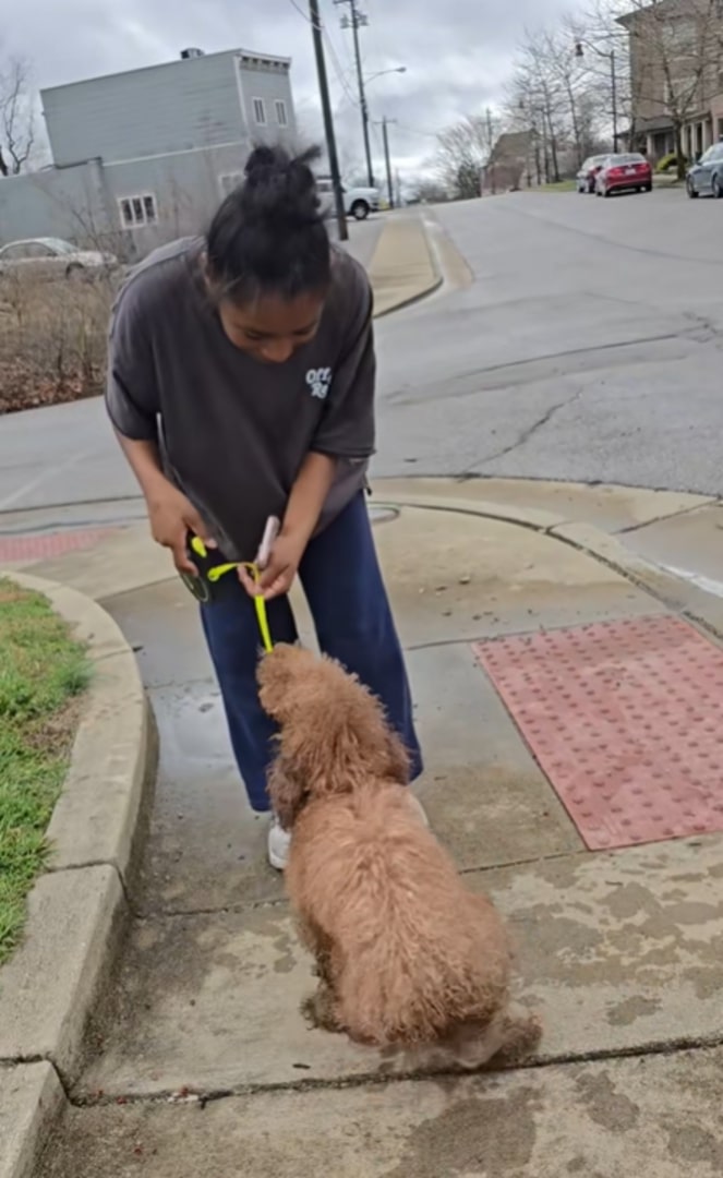 woman and brown dog on street