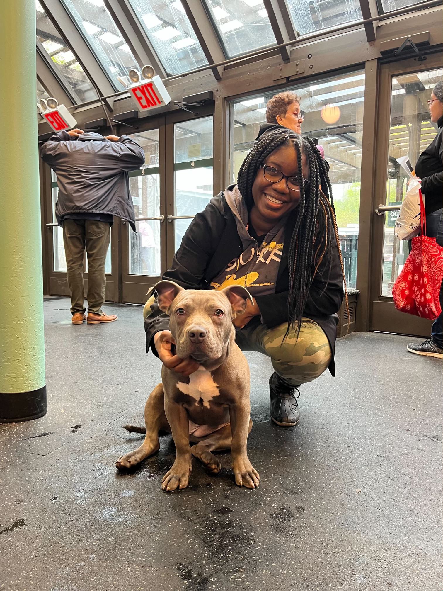 woman and gray dog