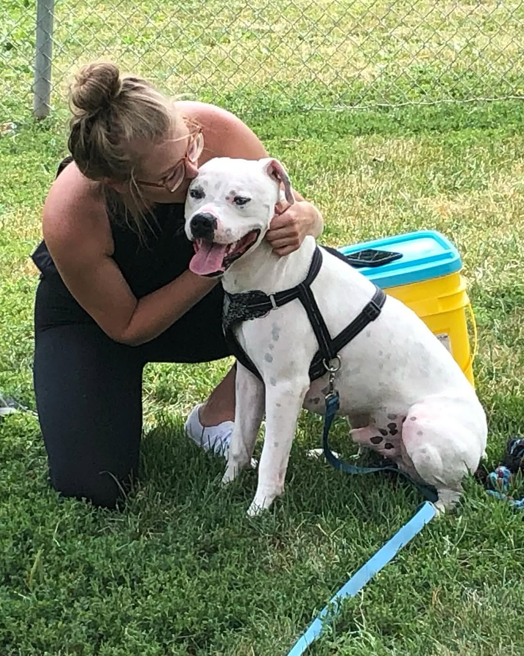 woman and white dog