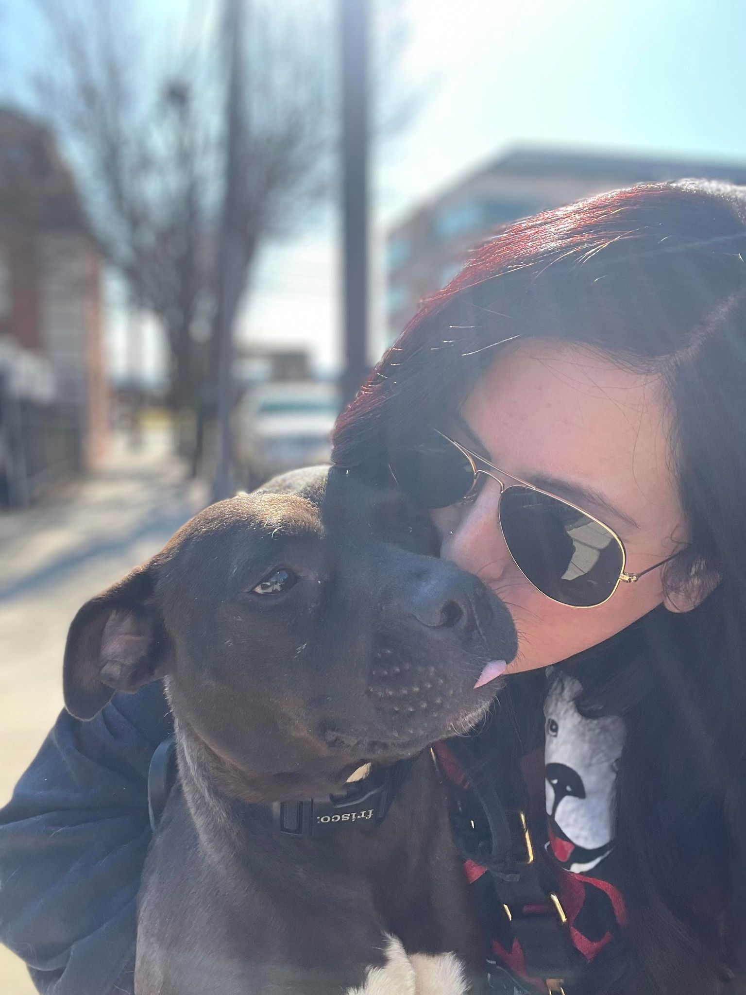 woman kissing a black dog