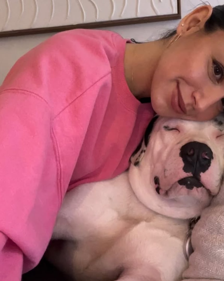 woman with huge white dog