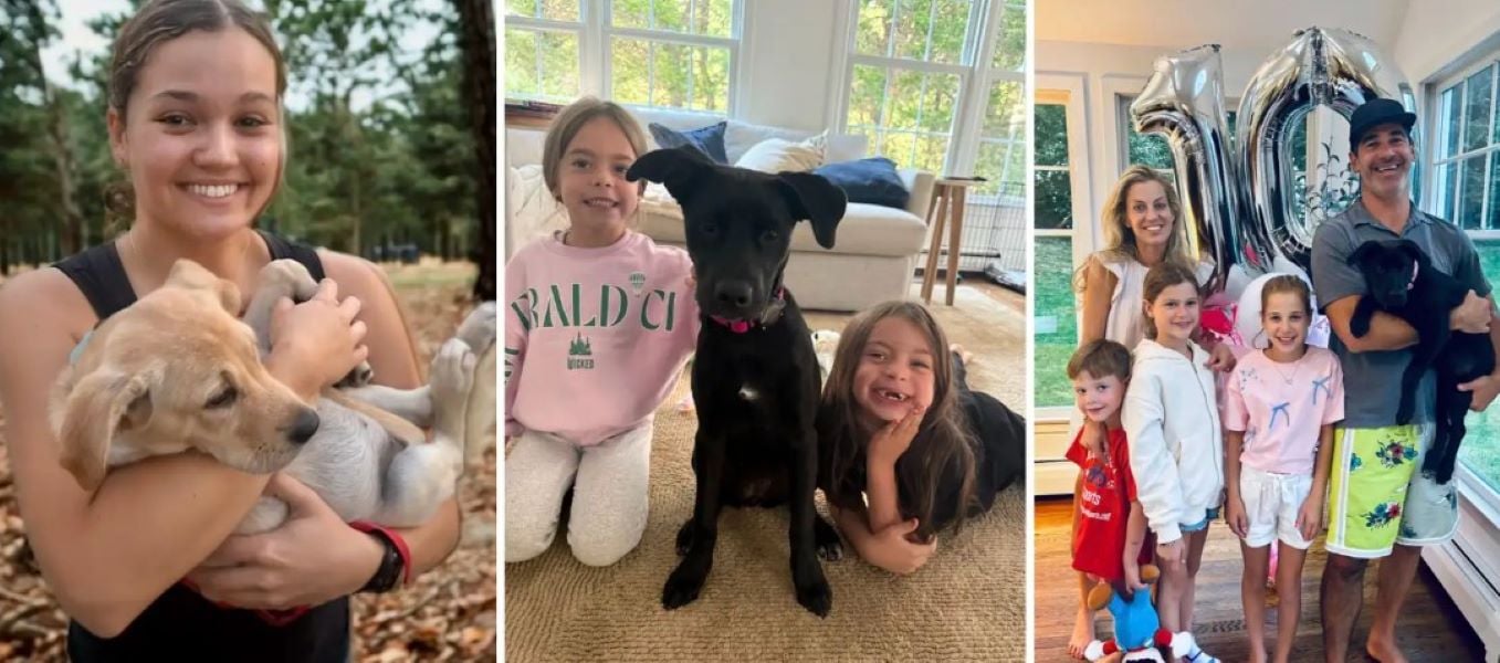 family and black puppy