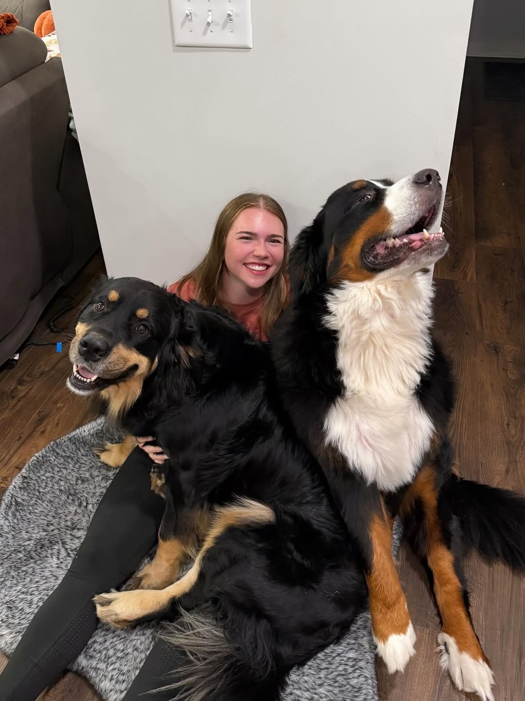 girl cuddling two big dogs 