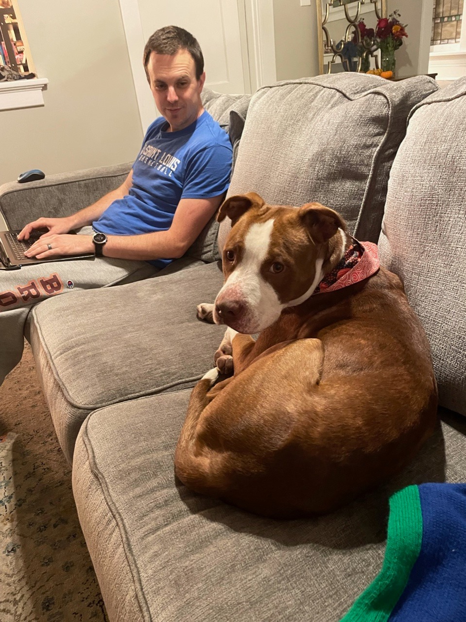 man and dog on couch