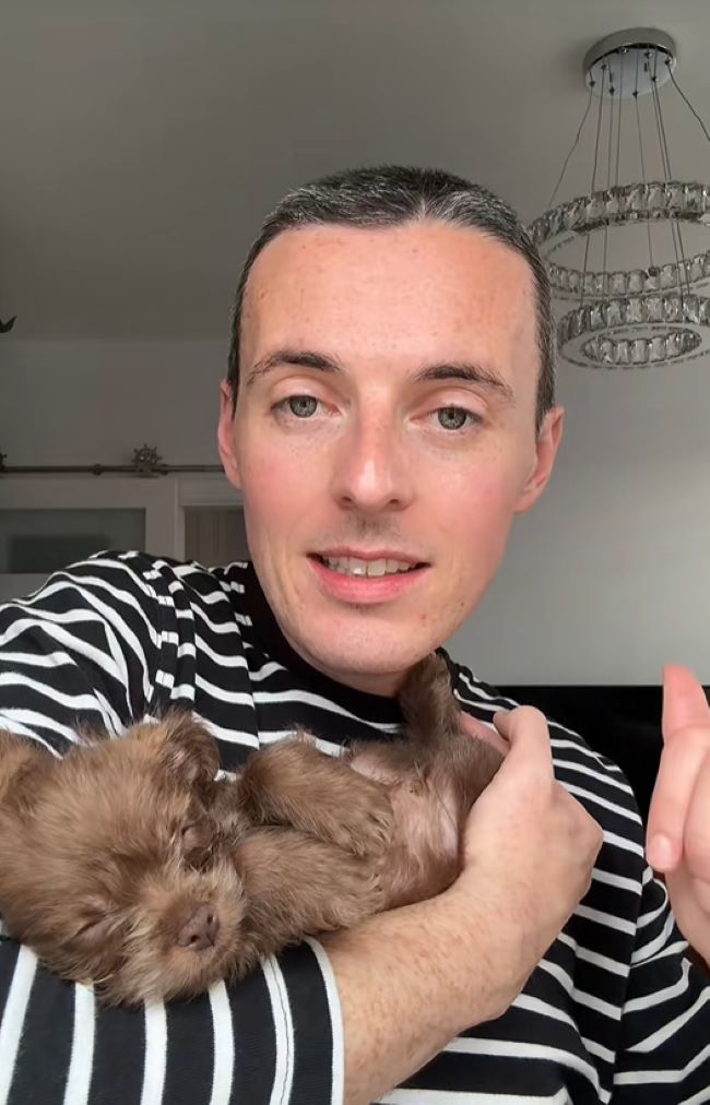 man and his brown puppy