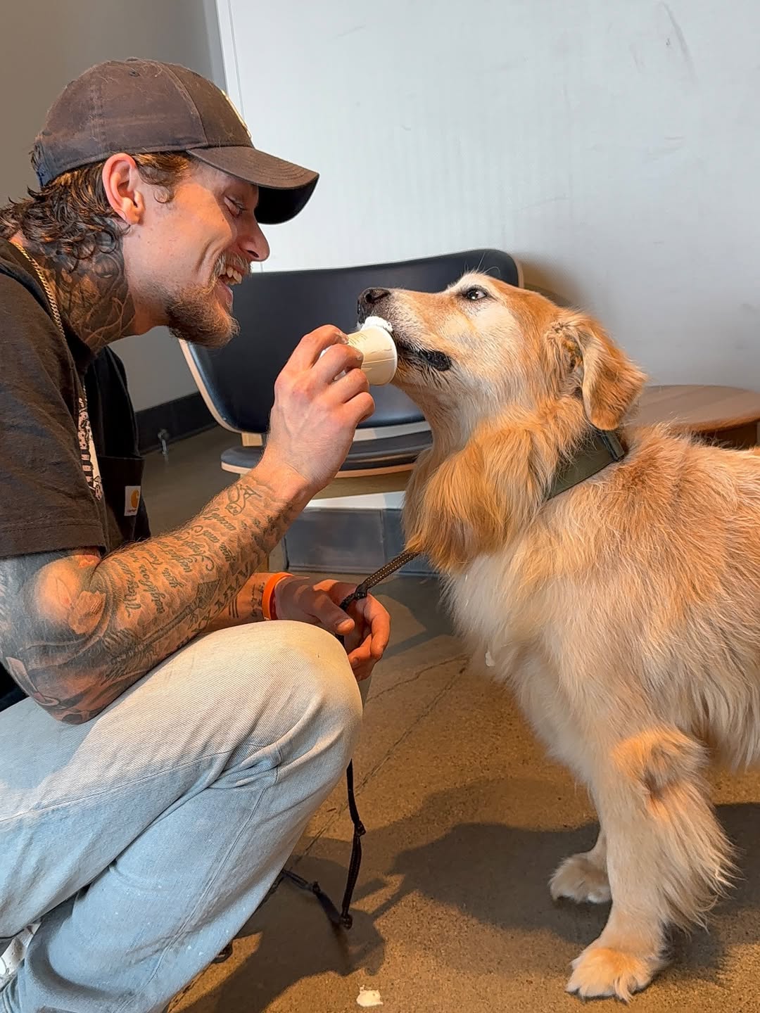 man feeding a dog