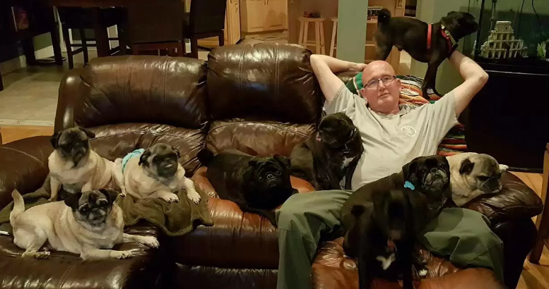 man with dogs on couch