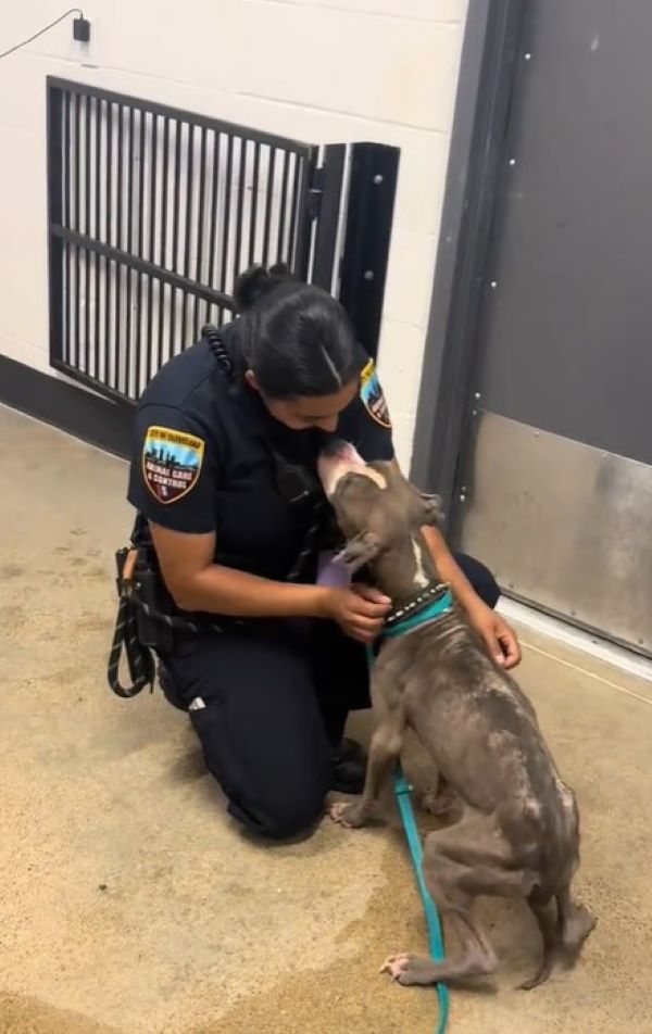 officer hugging a dog