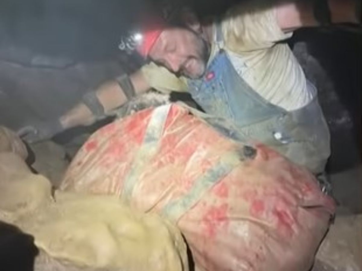 rescuers saving a dog from cave