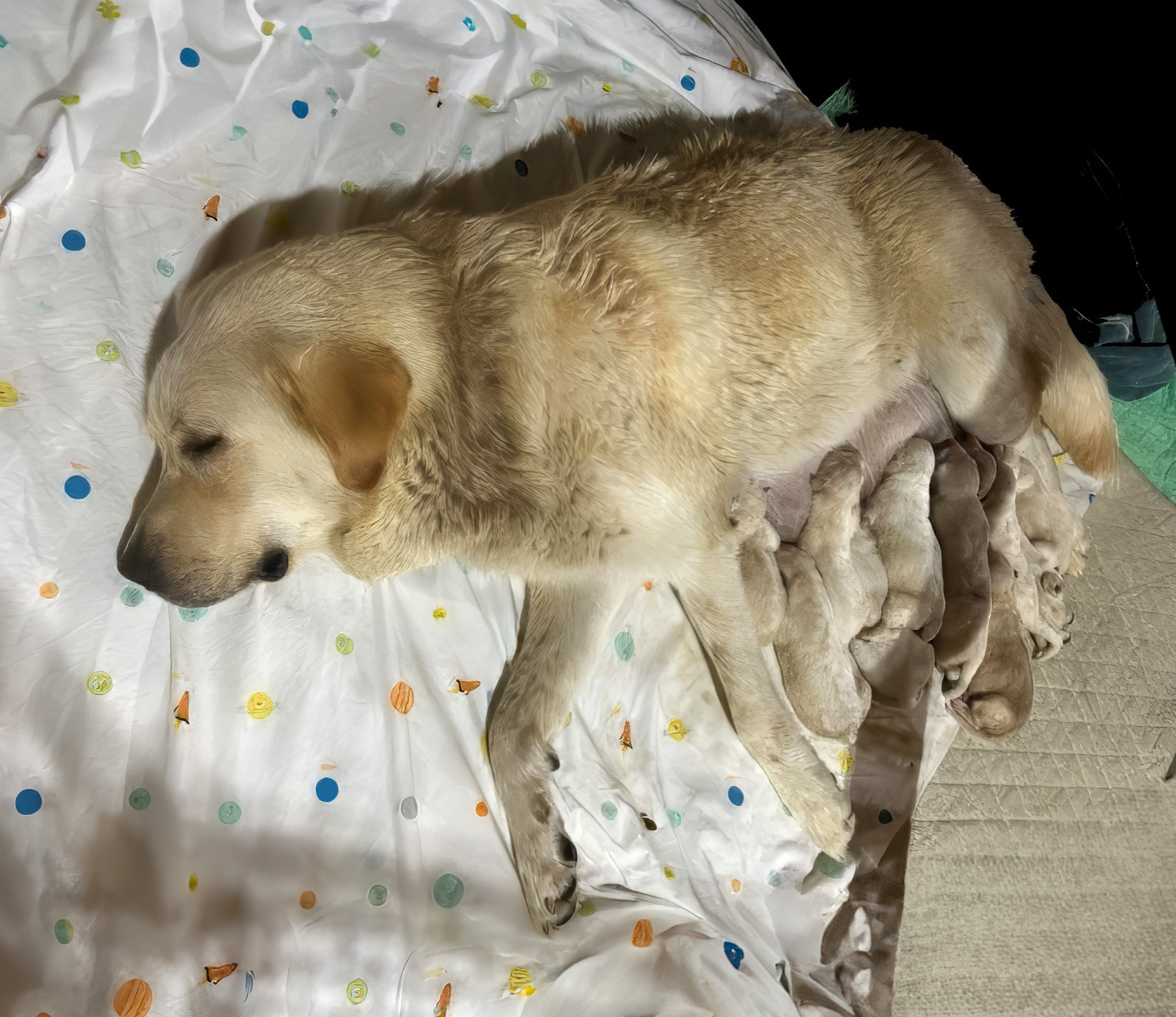 white mother dog and puppies