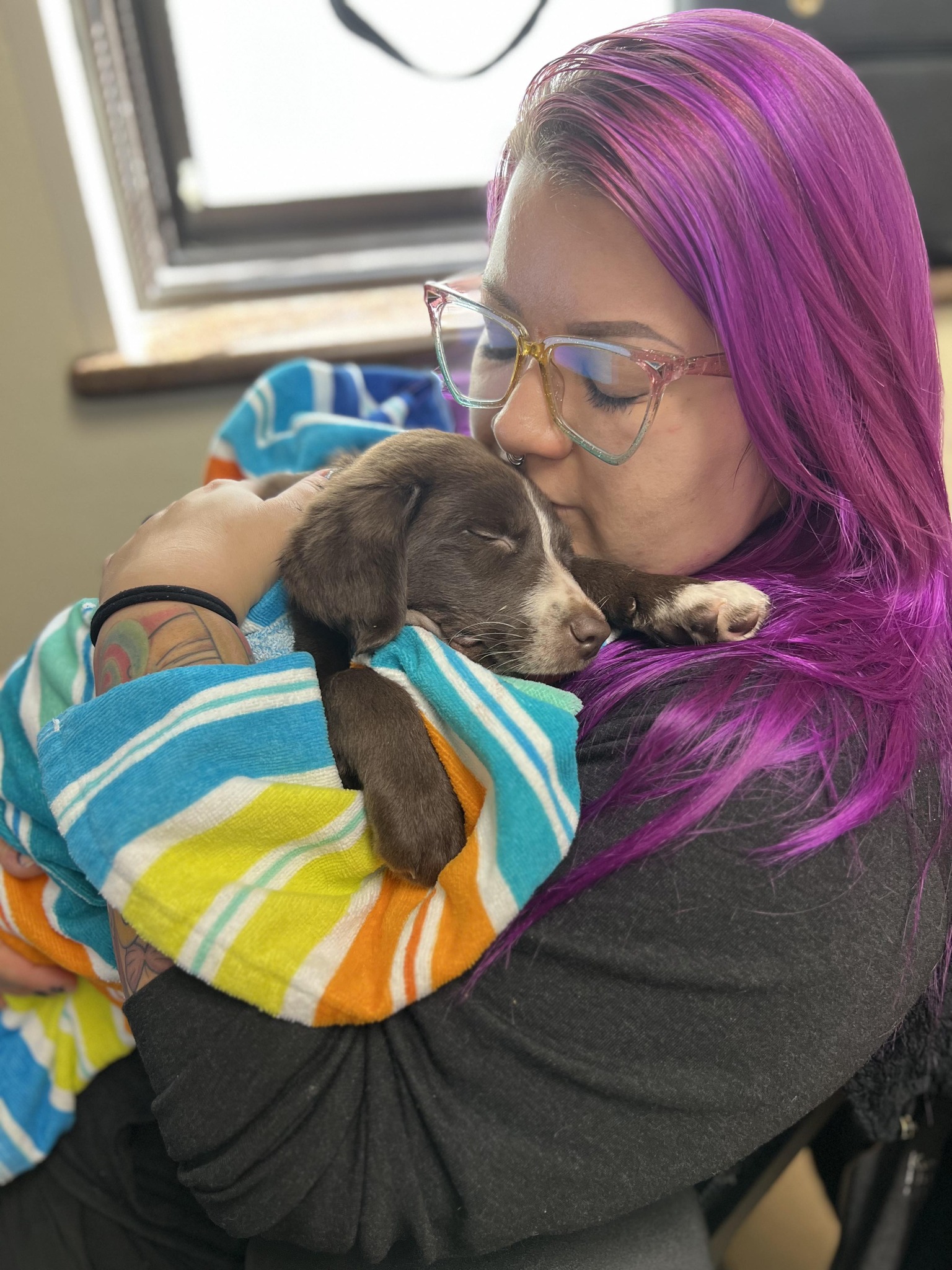 woman holding a tiny dog