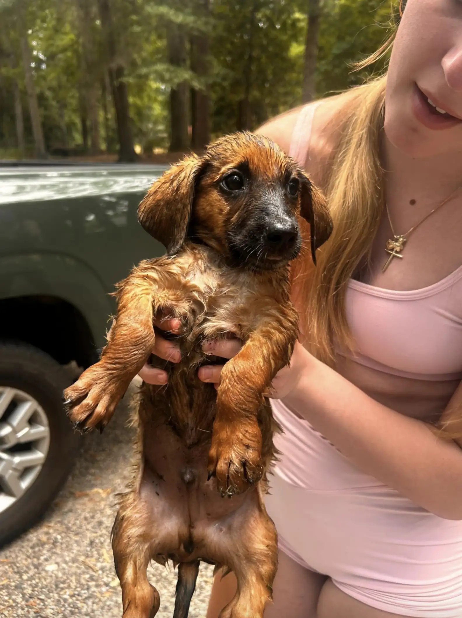 woman holding a wet puppy