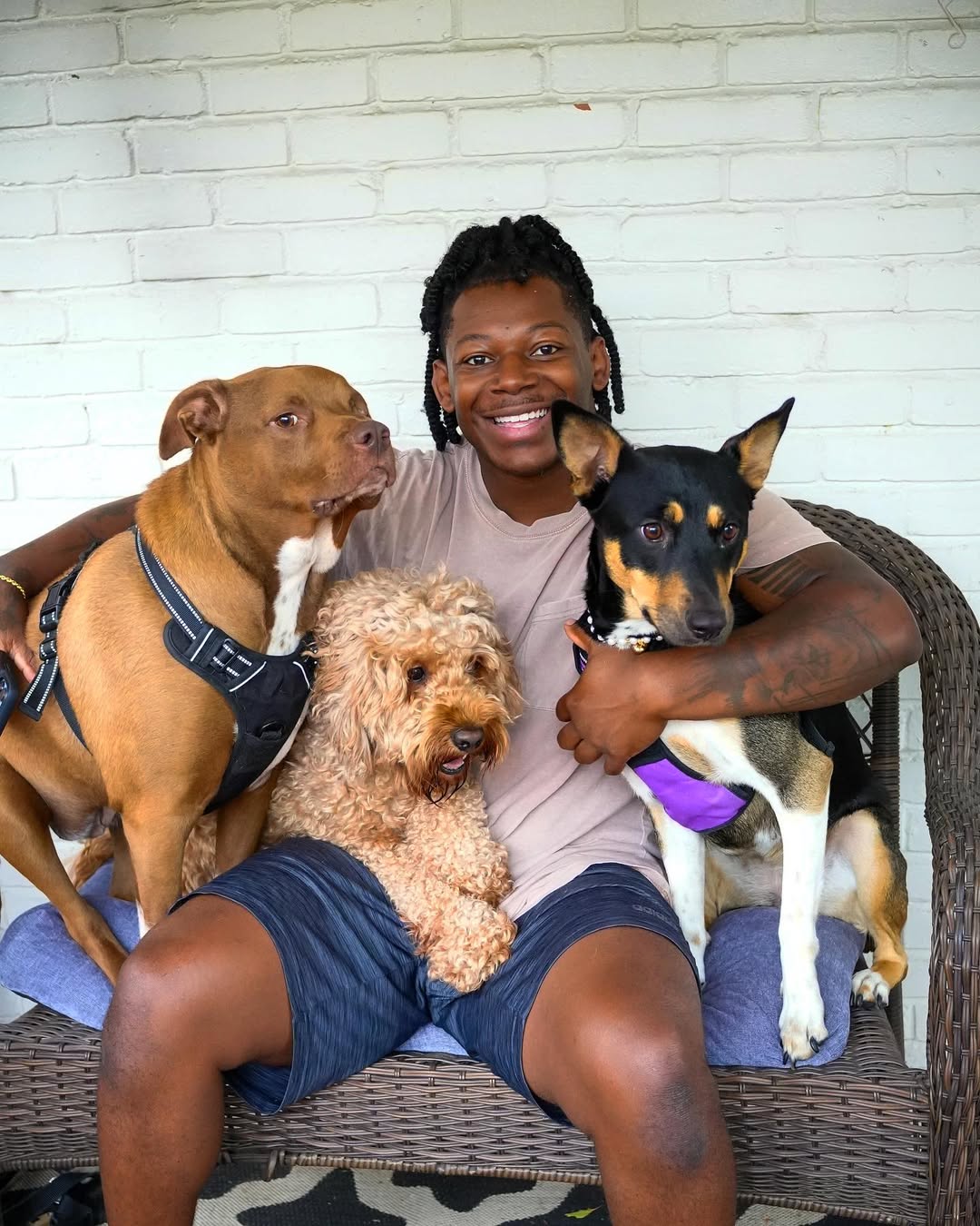 man sitting with three dogs