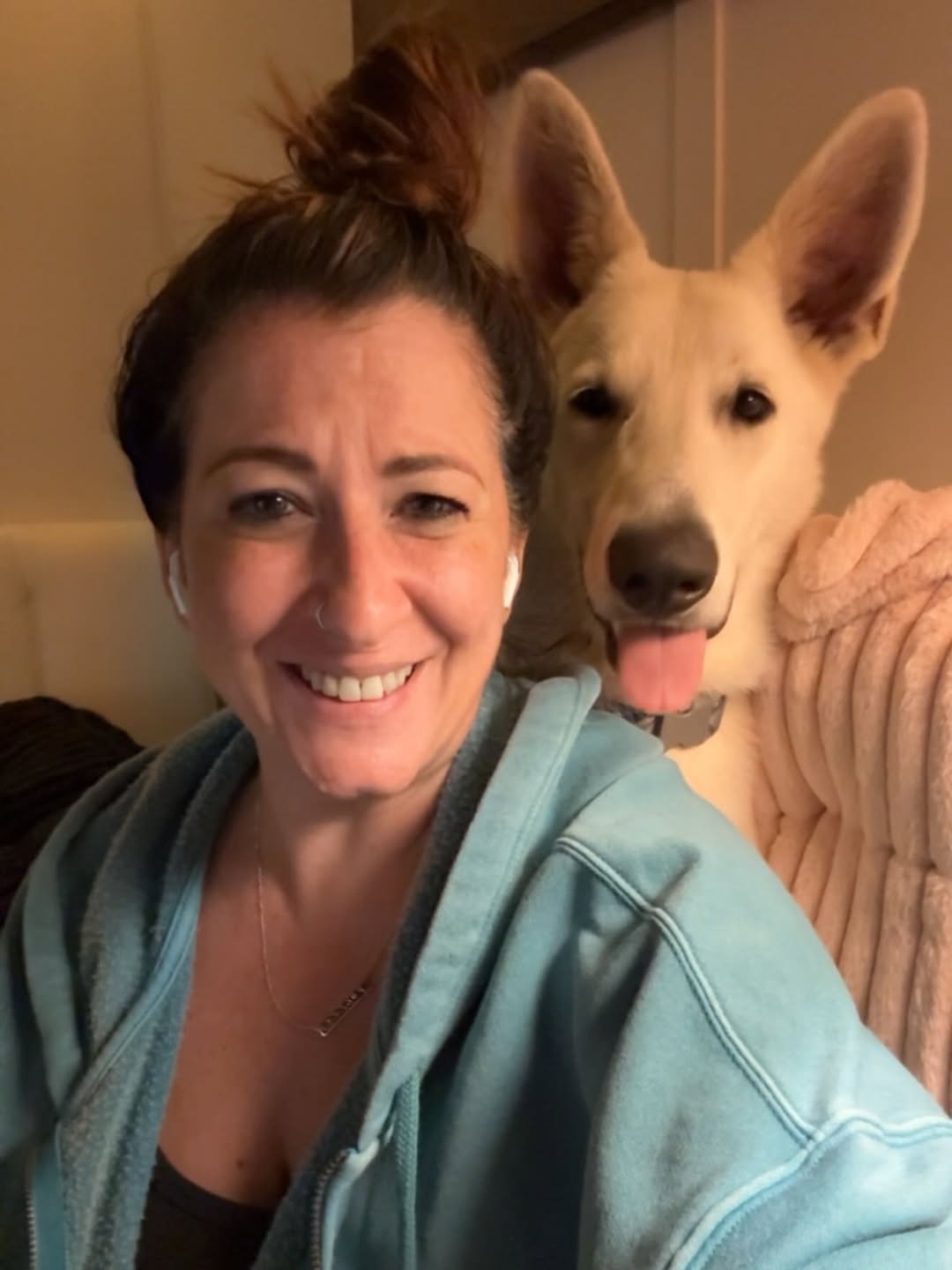woman and big white dog