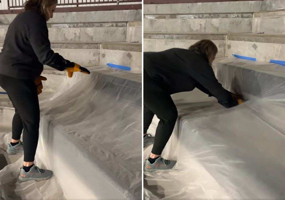 woman checking a tarp