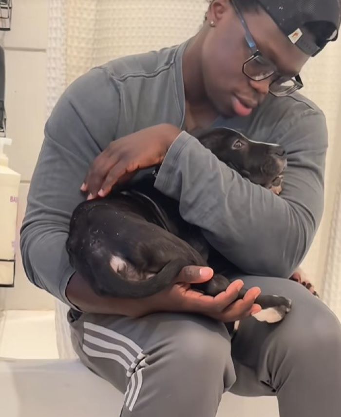 A man holds a dog in his arms