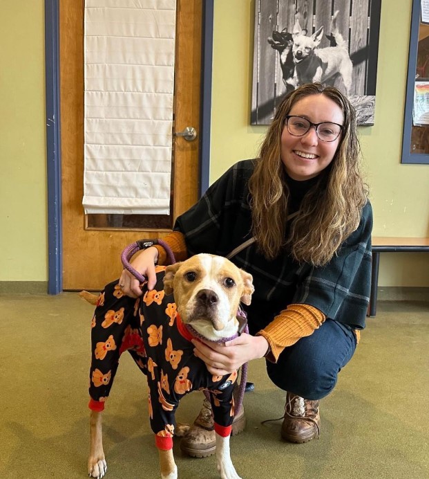 A trained dog in a suit with a woman