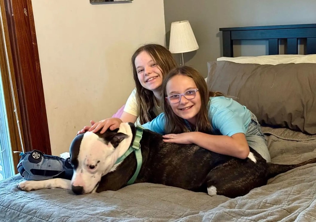 girls and dog on bed