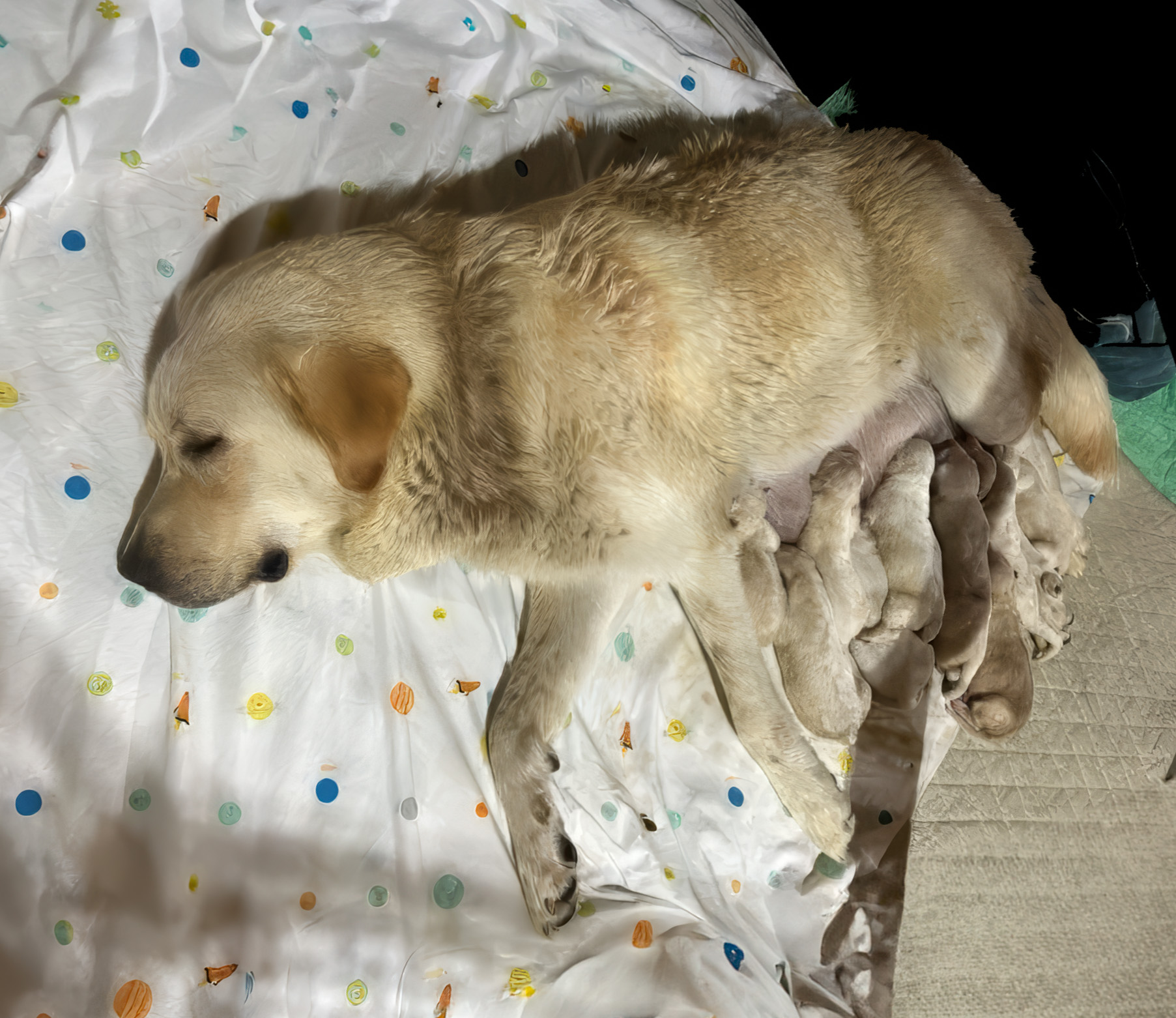 white mother dog and newborns