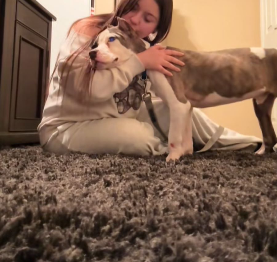 woman and dog in house