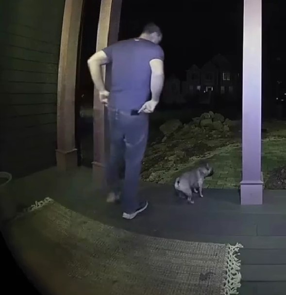 A man stands with a dog on a terrace