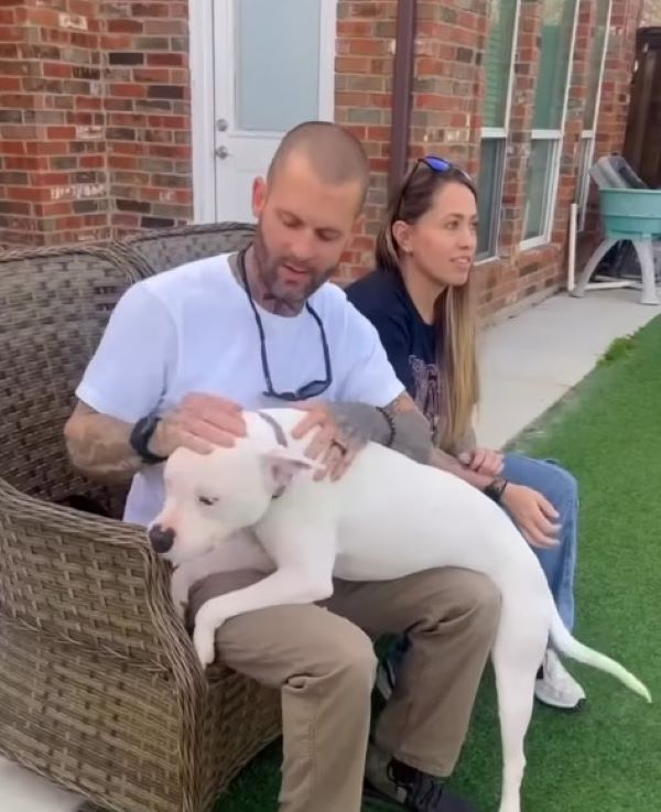 couple and white dog