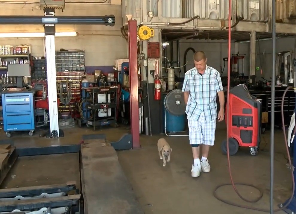 man and dog in garage