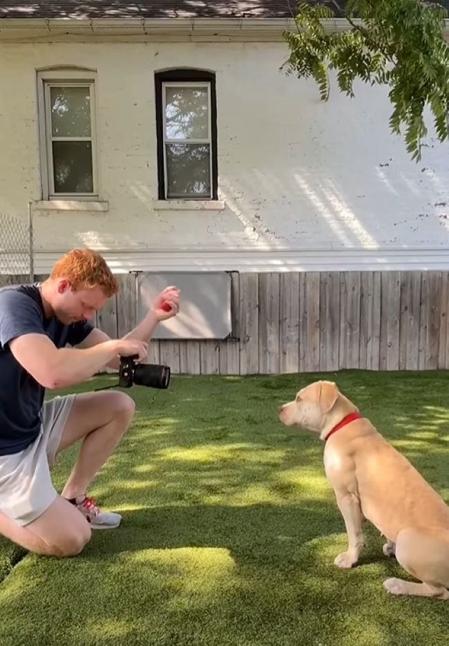 man taking pictures of dog