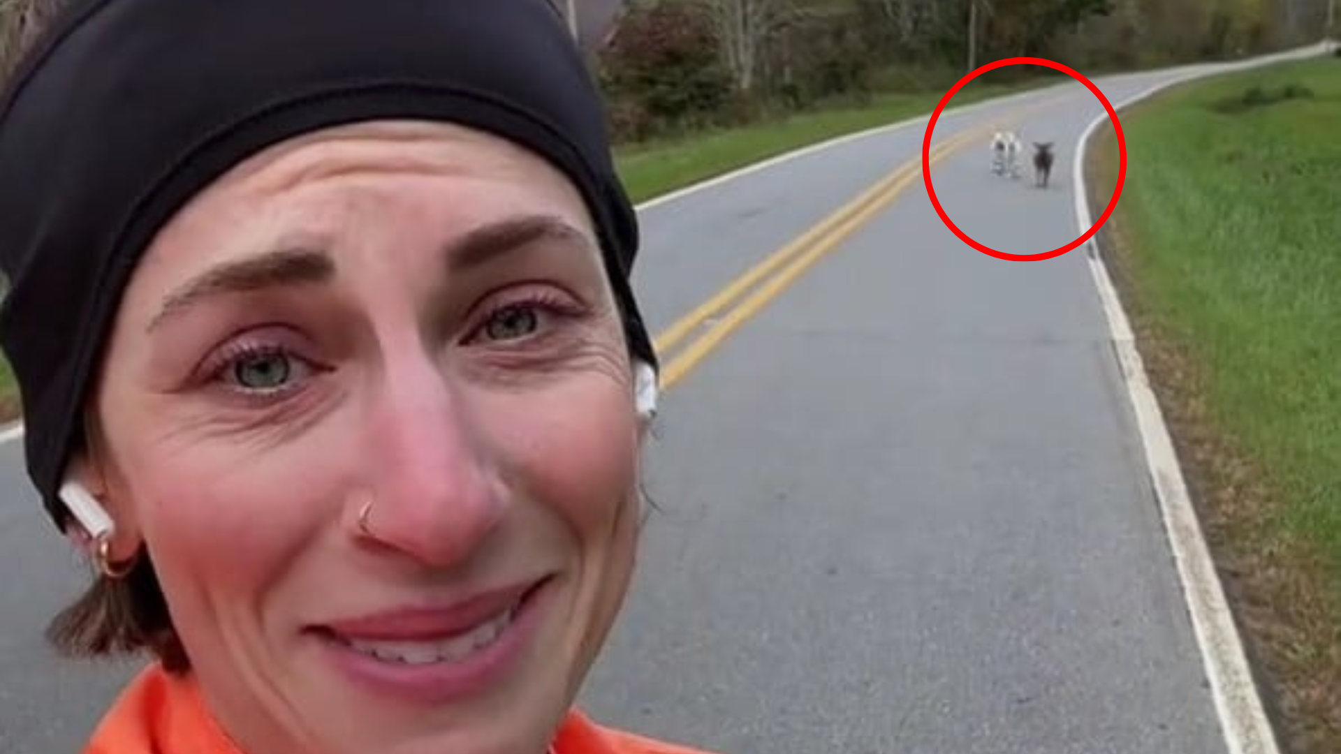 woman laughing on a road