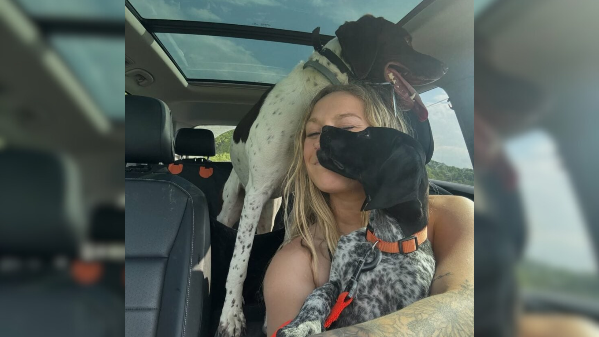 dog hugging woman in car