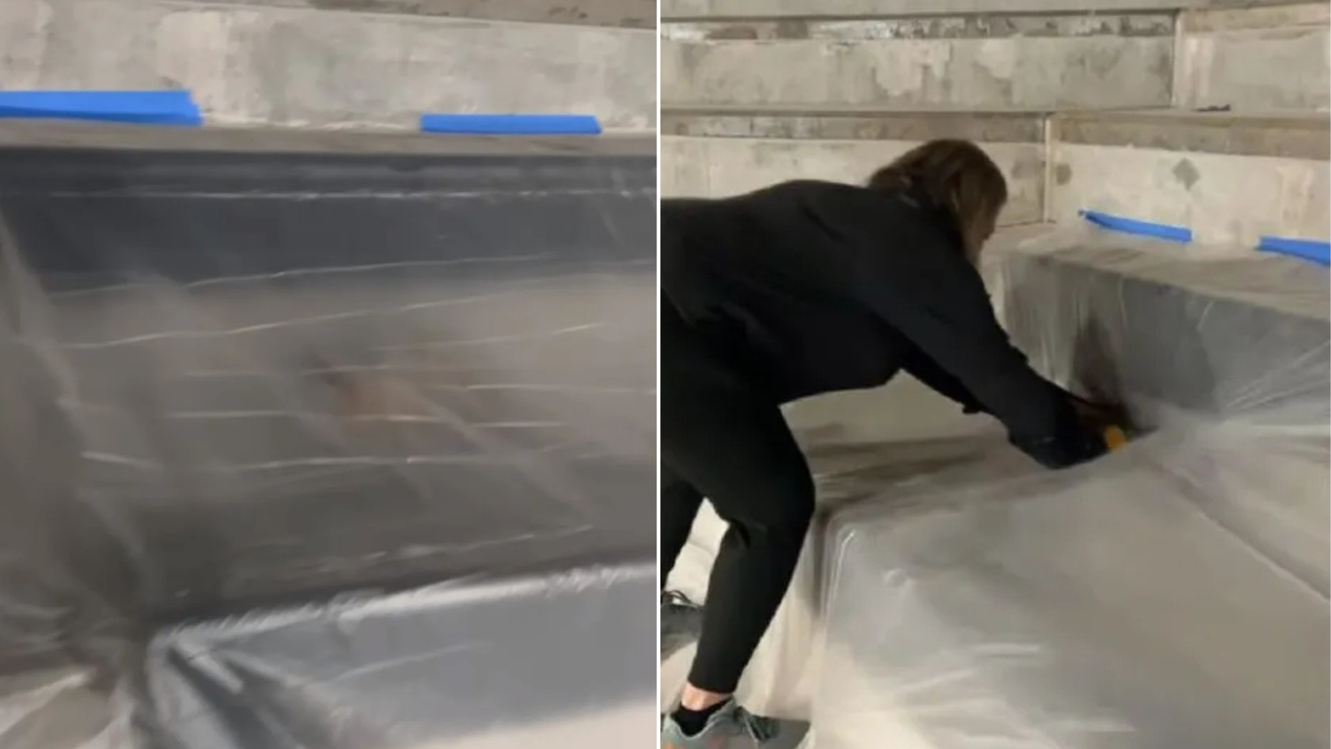 woman releasing animal under tarp