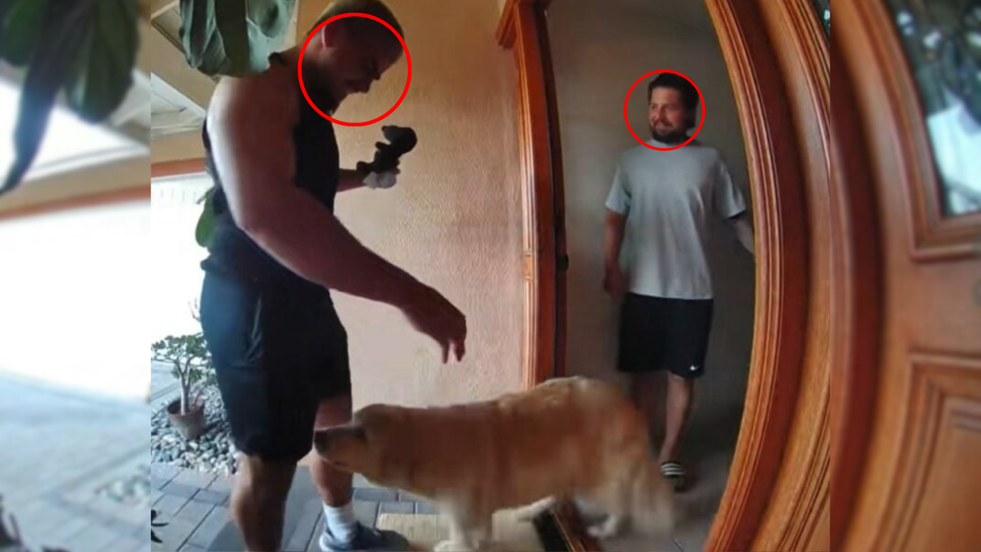 dog and two men on porch
