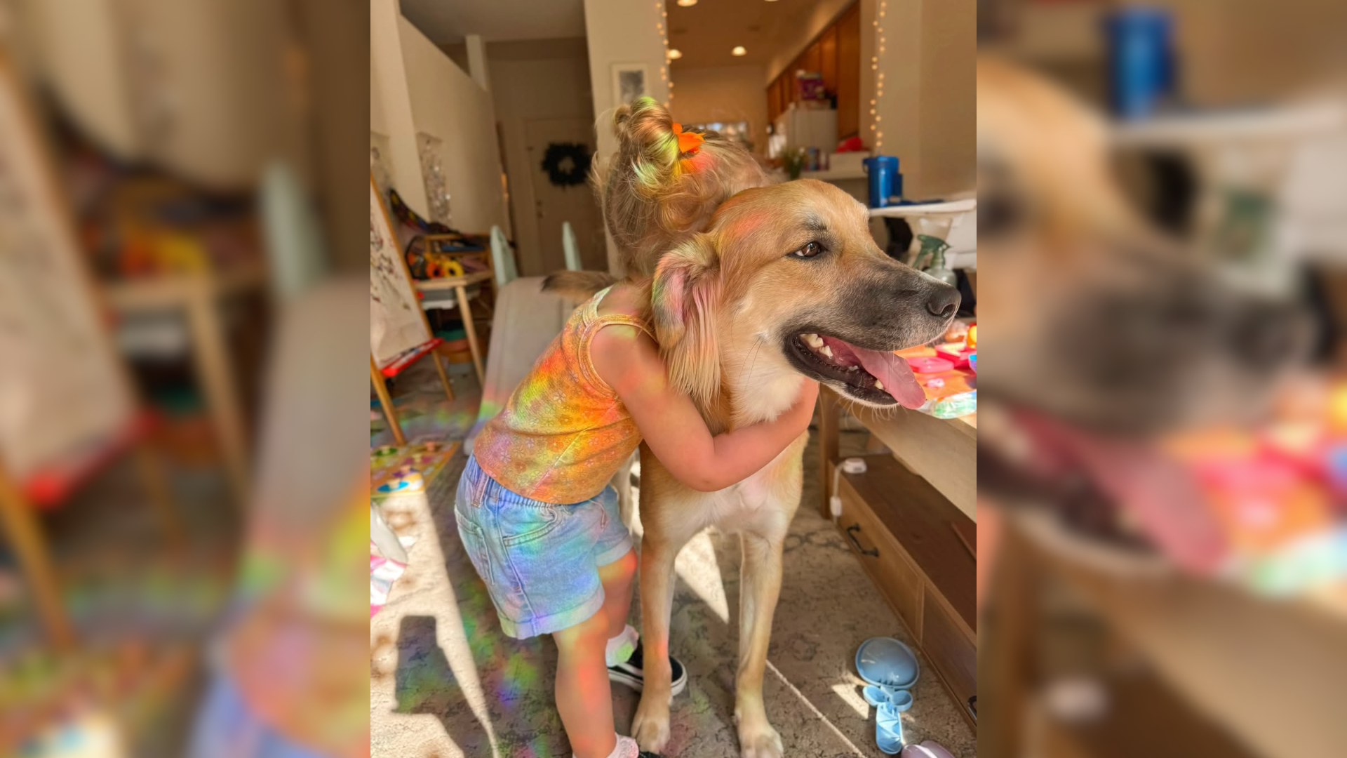 child hugging dog