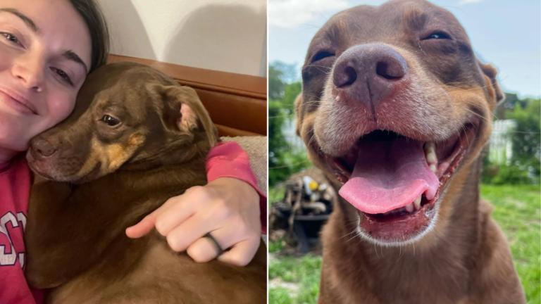 woman cuddling smiling dog