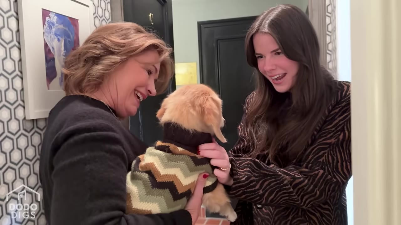 A woman in a black sweater holds a small dachshund wearing a green, brown, and white patterned sweater, while another woman in a tiger-print coat smiles warmly at the dog inside a home.