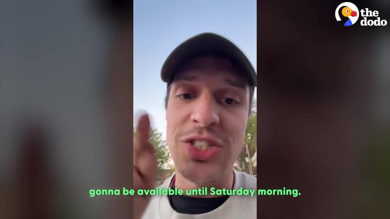 A close-up of a man wearing a green cap speaking to the camera, with a subtitle that reads 'gonna be available until Saturday morning.'